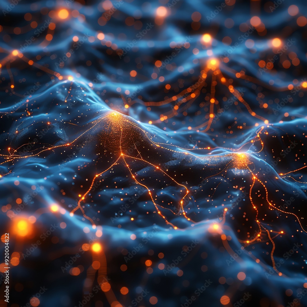 Poster abstract neural network with glowing connections and nodes, representing advanced technology and art
