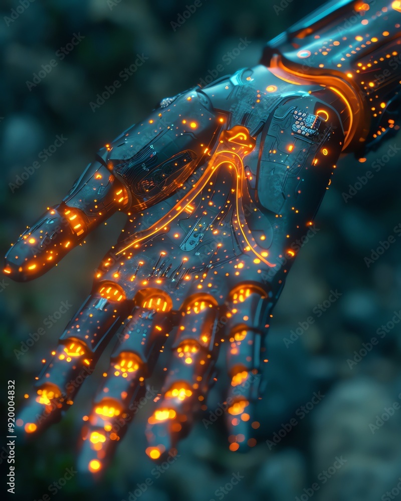 Poster futuristic robotic hand with glowing orange lights, showcasing advanced technology and artificial in