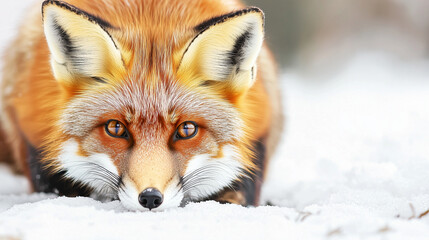 Obraz premium a red fox crouched low in the snow, its fur glowing warmly against the cold white backdrop