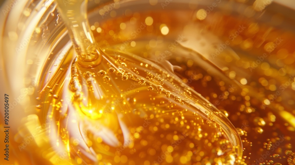 Poster an extreme closeup of the golden honey inside a jar showcasing its smooth and viscous texture.