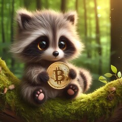 Obraz premium Waschbär mit einem Bitcoin