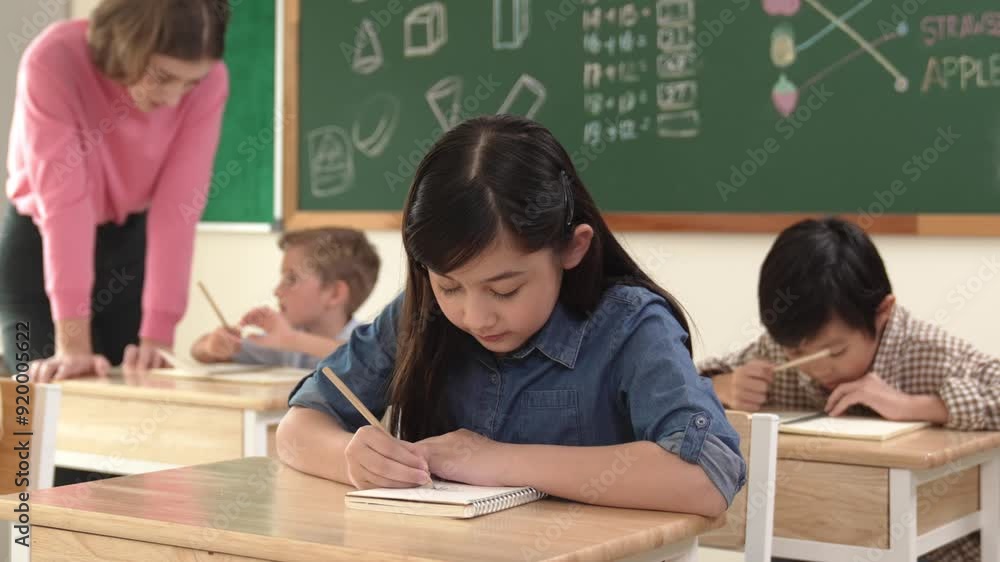 Aufkleber asian girl writing test or classwork while looking at camera at classroom. diverse happy student tak