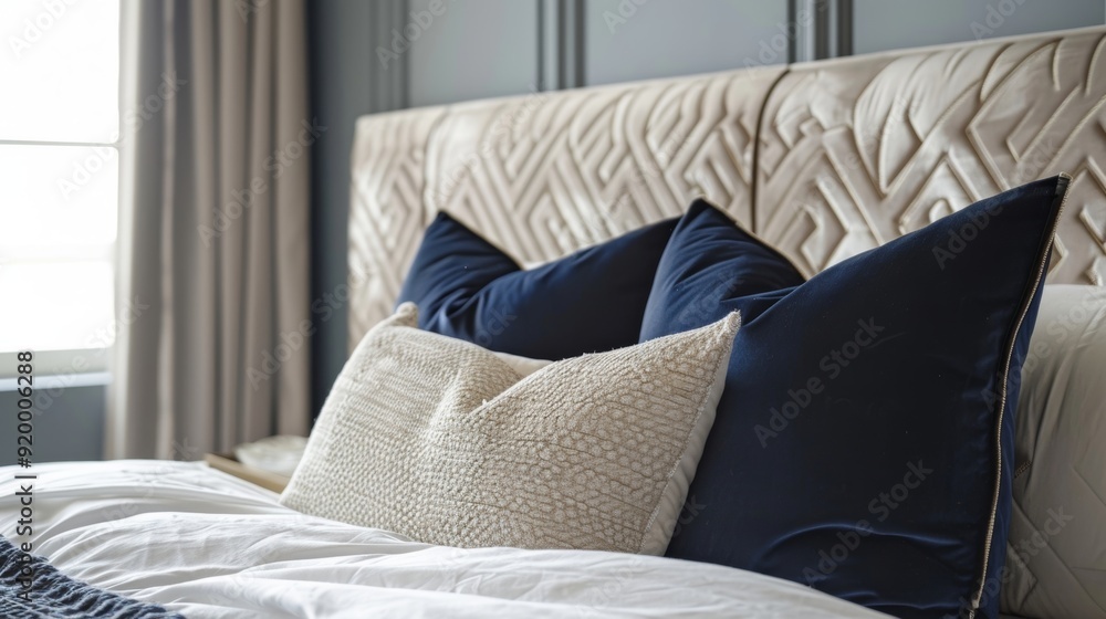Poster an eclectic bedroom with a unique velvet headboard in a geometric pattern adding a touch of personal