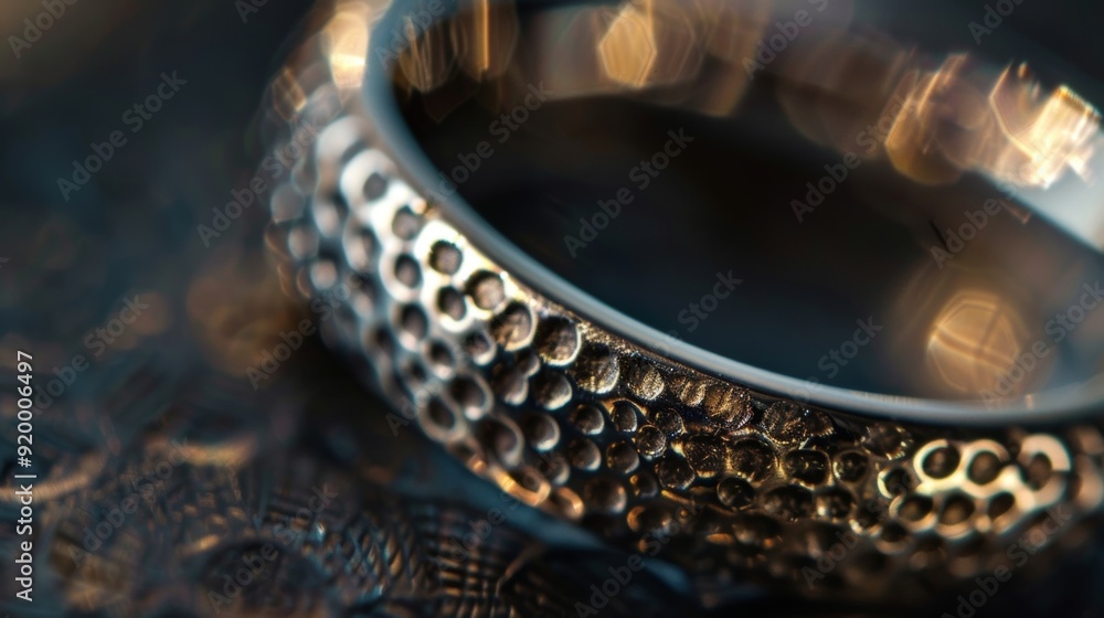 Poster the closeup of a silver ring with a unique pattern of geometric shapes engraved along the band. the 