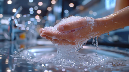 Fototapeta premium Hand Washing with Liquid Soap, A close-up of hands being lathered with liquid soap under a modern faucet, emphasizing cleanliness.generative ai
