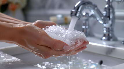 Fototapeta premium Hand Washing with Liquid Soap, A close-up of hands being lathered with liquid soap under a modern faucet, emphasizing cleanliness.generative ai