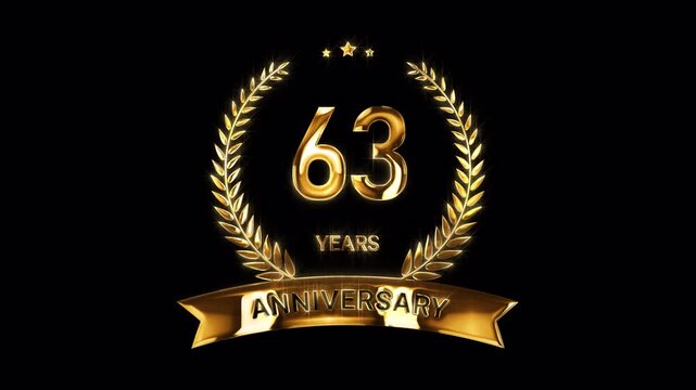 63rd Anniversary Celebration. Happy 63 Years Anniversary Animation in Gold Color on the Transparent Background, Alpha Channel. Great for greetings, celebrations, events, and gifts.