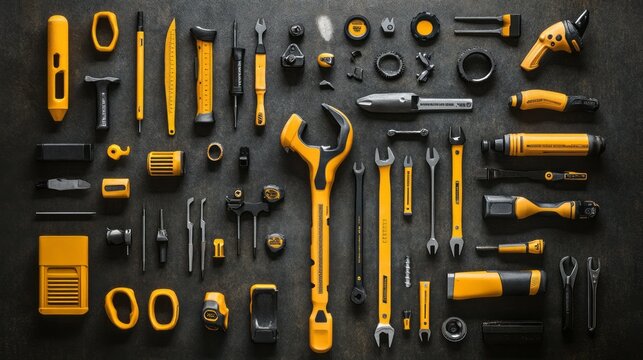 A collection of different tools including a yellow and black tool