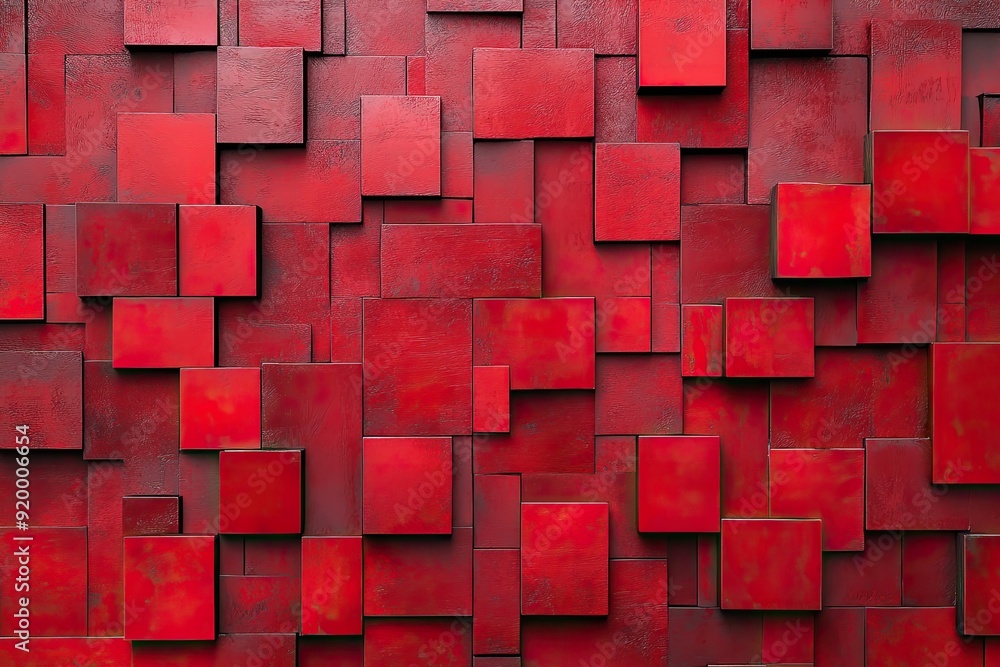 Poster a red wall made of square tiles. the wall is red and has a rough texture. the tiles are arranged in 