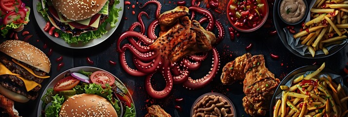 Fototapeta premium Junk Food Gene or fat mass and obesity associated genetics or FTO as a Fast-food concept with a DNA strand representing genetics and unhealthy eating affecting genes.