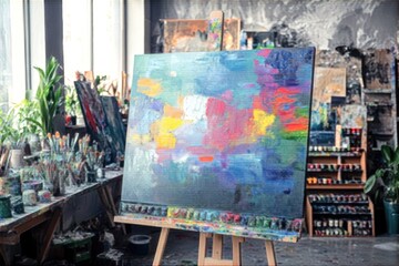A painting is on a stand in a room with many other paintings and art supplies. The painting is colorful and has a lot of different colors