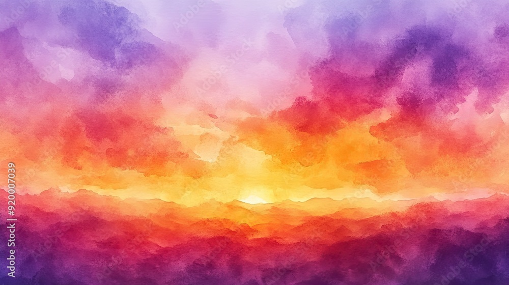 Wall mural a colorful sky with a sun in the middle. the sky is filled with clouds and the sun is setting