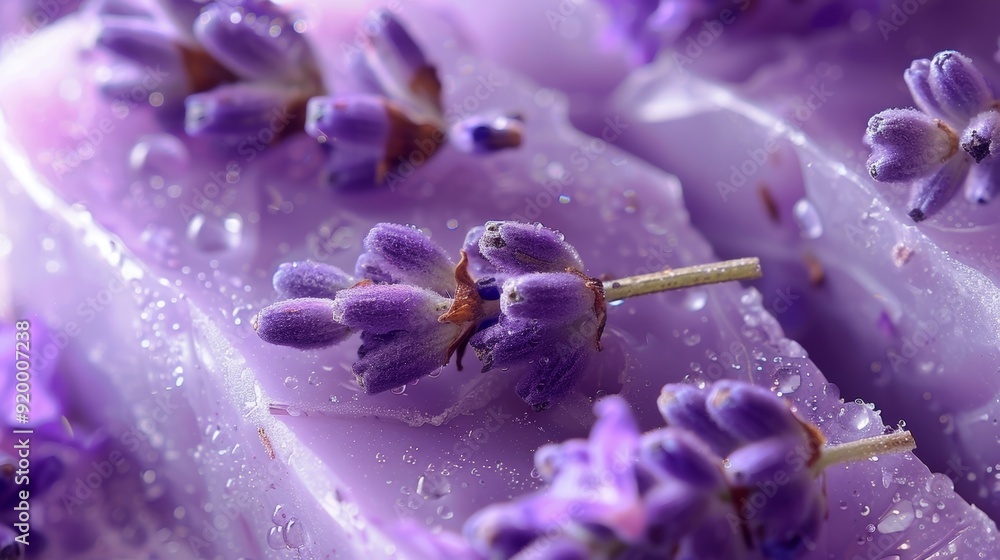 Poster a macro shot of a lavender scented soap bar capturing the delicate purple petals embedded within the