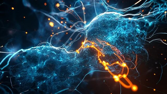 Digital visualization of neural connections and synapses.