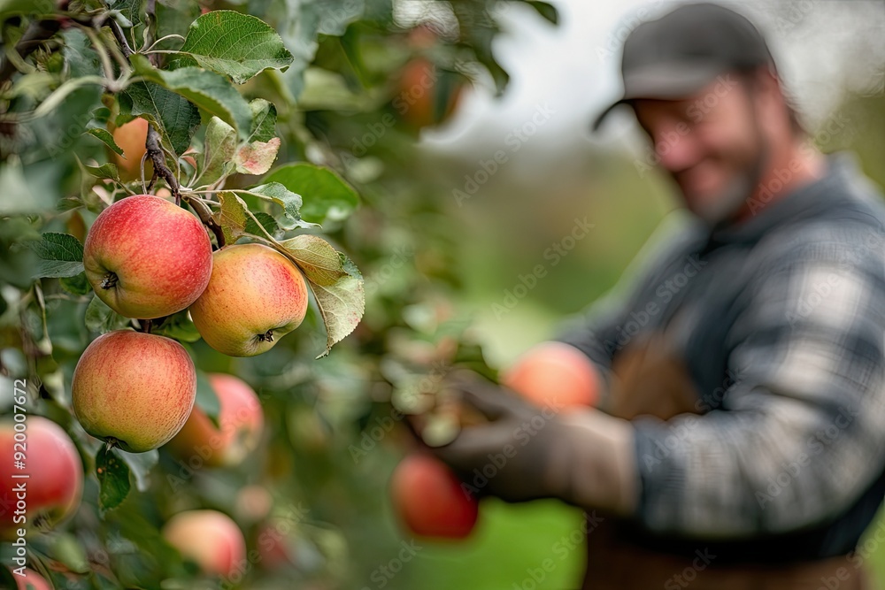 Poster a man is picking apples from a tree. the apples are red and green