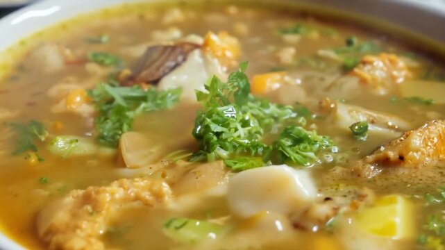 Hearty chicken vegetable soup simmering in pot.