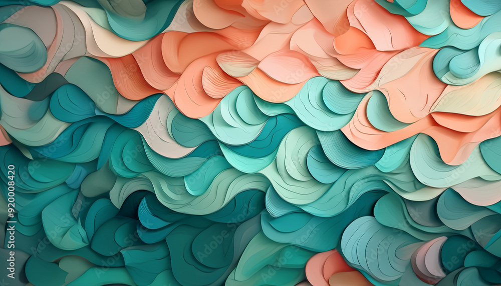 Poster detailed view of a wave-like pattern created by layered gradient turquoise and peach color paper she
