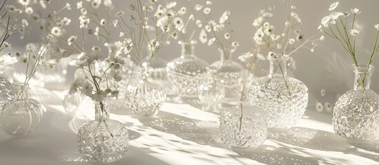 small transparent glass vases with small white flowers in sunlight, light and shadow play. quiet luxury, aesthetic light background, flower shop background, luxury events concept