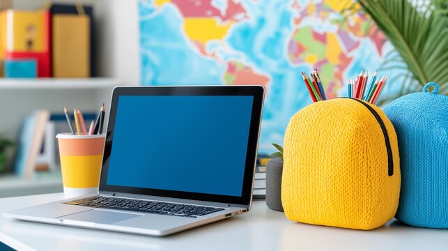 Laptop with blank screen on table in modern classroom. Back to school and education concept.