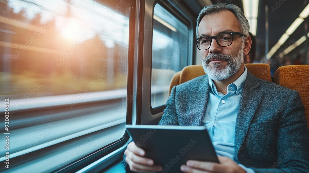 Poster a man in a suit is sitting on a train with a tablet in his hand. he is reading or working on the tab