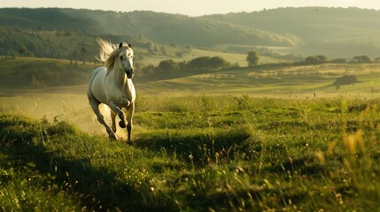 White horse running on the green field