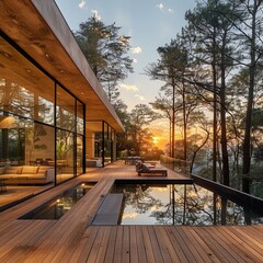Fototapeta premium Homes with expansive decks overlooking forests, fostering a close relationship between leisure spaces and natural surroundings, landscape home relationships, forest views