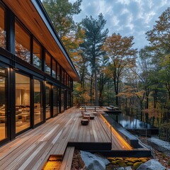 Homes with expansive decks overlooking forests, fostering a close relationship between leisure spaces and natural surroundings, landscape home relationships, forest views