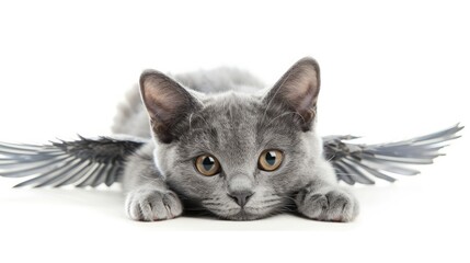 Cute gray cat with angel wings isolated on white background.