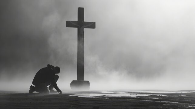 A man kneels and prays in front of a cross.