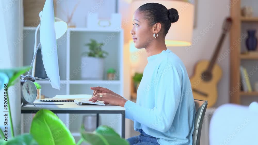 Poster Woman typing on computer while working from home. African freelancer reading messages and doing research for a project online. Remote worker writing blogpost and browsing on the internet for ideas