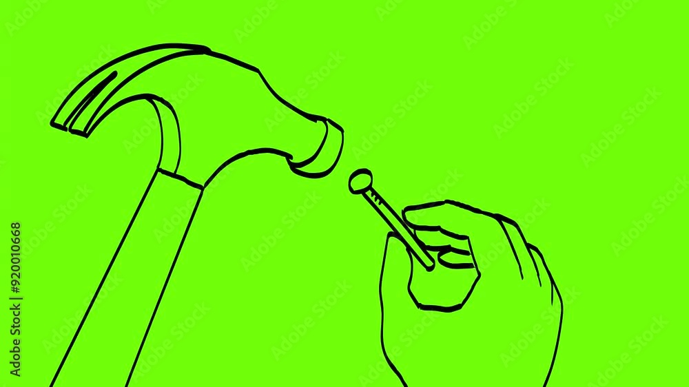 Poster 2d animation motion graphics showing a drawing of a hammer hammering a nail viewed from high angle o