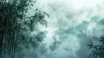 Asian misty mountain bamboo forest with lush trees