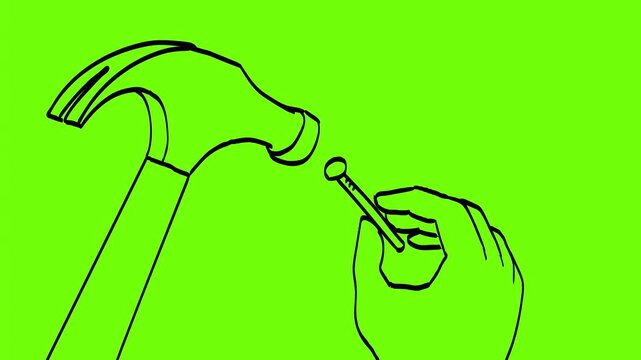 2D Animation motion graphics showing a drawing of a hammer hammering a nail viewed from high angle on white screen, green screen and black background in 4k ultra-high-definition.