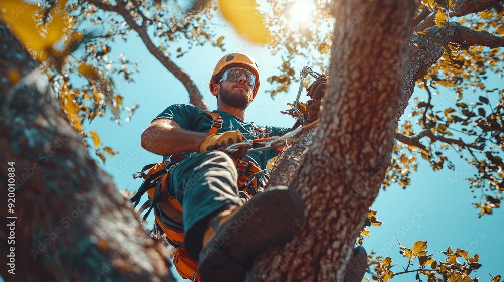 Wall mural arborist working high in a tree with safety equipment