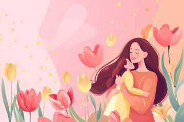 Fototapeta premium Mother Holding Baby in Pink Tulip Field