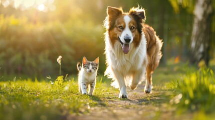 Happy Australian Shepherd dog walks with cute cat on green meadow.