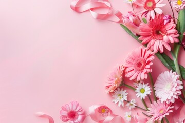 Naklejka premium Woman and kid with flowers background wallpaper with copy space