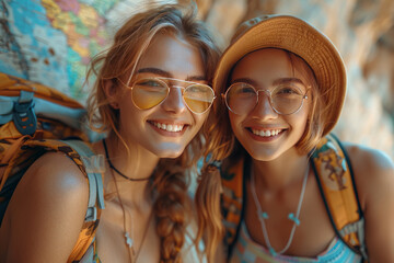 Fototapeta premium Fun, friends, travel and tourism concept. Beautiful girls looking for direction in the city.generative ai