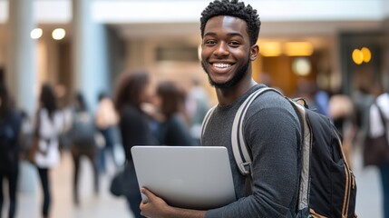 Fototapeta premium A college student with a backpack and a laptop smiling at the camera