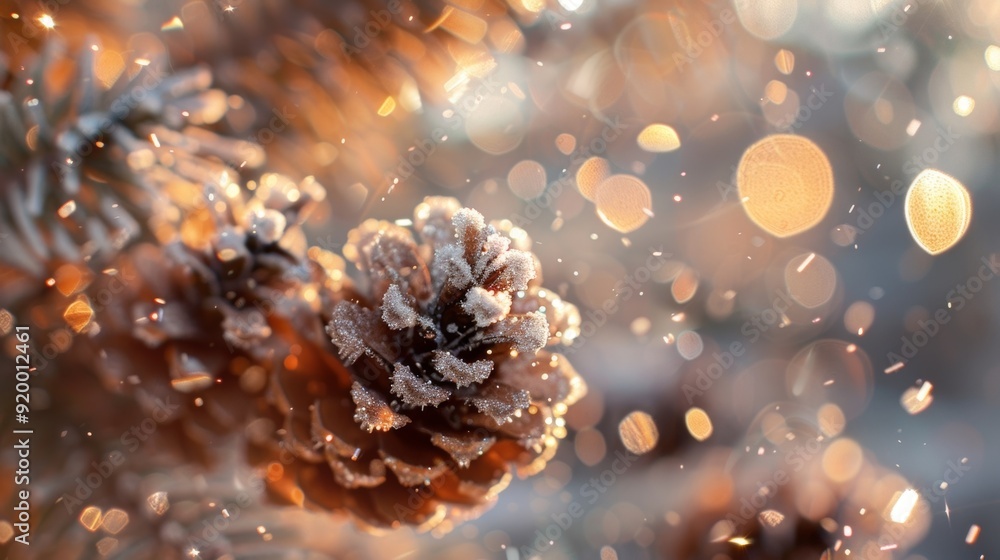 Poster a closeup of small pine cones coated in a dusting of fine glitter reflecting the light and creating 