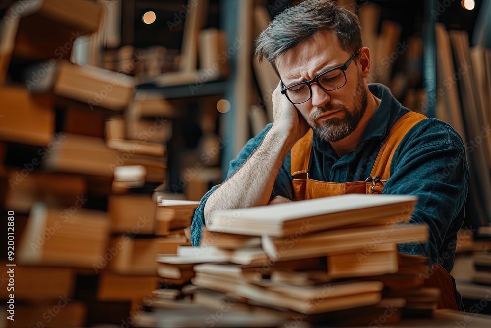 Poster a man is sitting in a room with a pile of books in front of him. he is looking at the books and he i