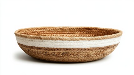 Natural fiber basket with luxurious silk inlays, isolated on a crisp white background