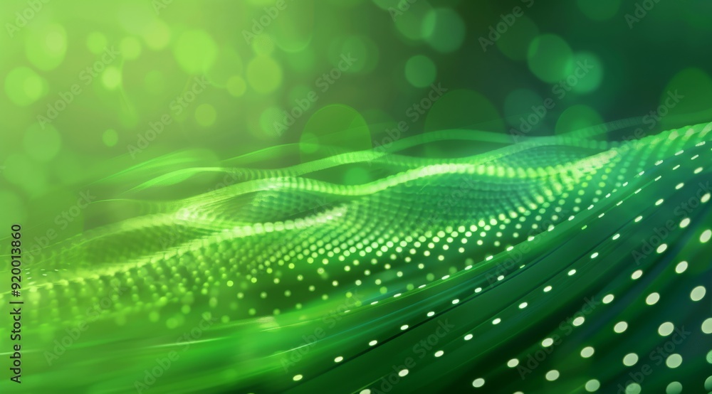 Poster a vibrant and colorful abstract illustration features flowing green waves along with dynamic bokeh l