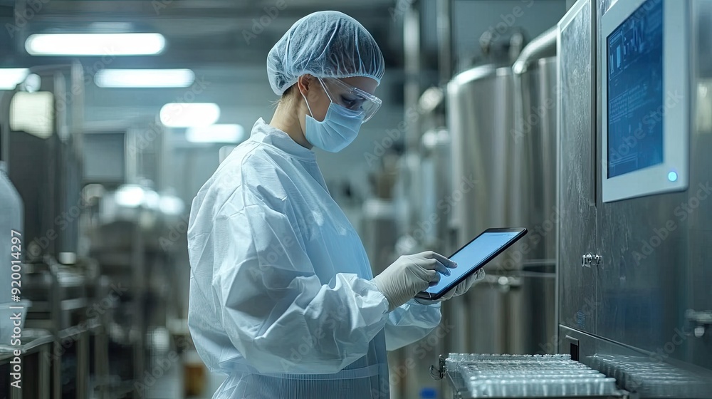 Poster a woman in a lab coat is wearing a mask and gloves while using a tablet. she is focused on the scree