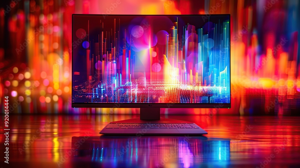Poster computer monitor displaying a futuristic city skyline with a colorful neon light display