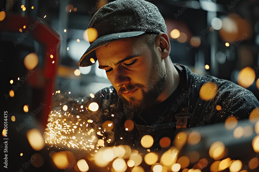 Poster a man wearing a hat and beard is working with sparks. the image has a mood of hard work and determin
