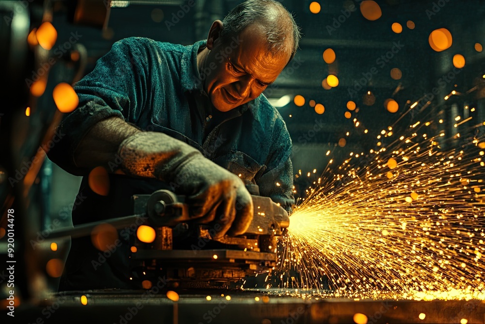 Poster a man is working with a machine that is creating sparks. the sparks are flying everywhere and the ma