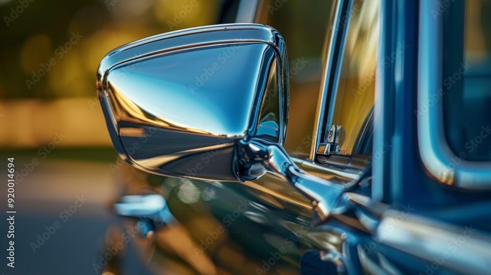 Poster a closeup of the rearview mirrors frame which features a sleek and shiny chrome finish. the edges ar