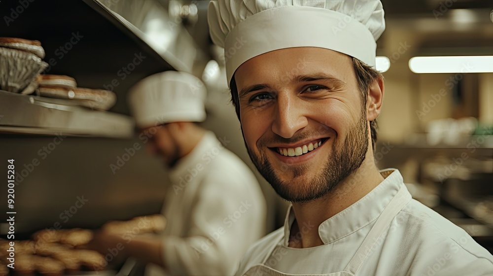 Poster a smiling chef in a white hat and apron is standing in a kitchen. he is surrounded by other chefs an