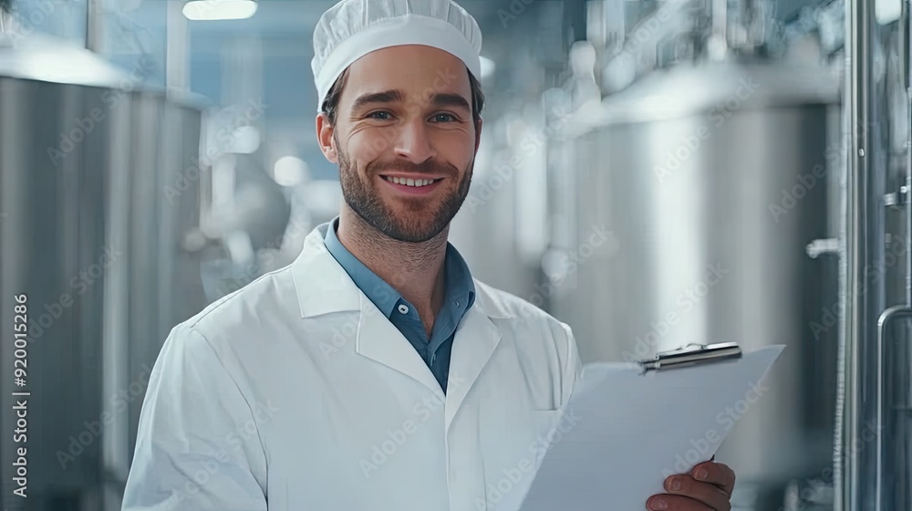 Poster a man in a white lab coat is smiling and holding a clipboard. he is in a factory setting